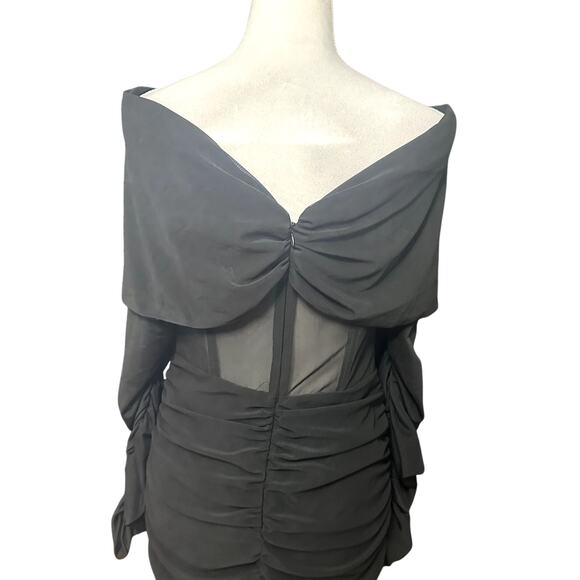 ASOS Luxe Curve Midi Dress Ruched Mesh Long Sleeve Back Zip Closure Black 12 NWT - Picture 5 of 10